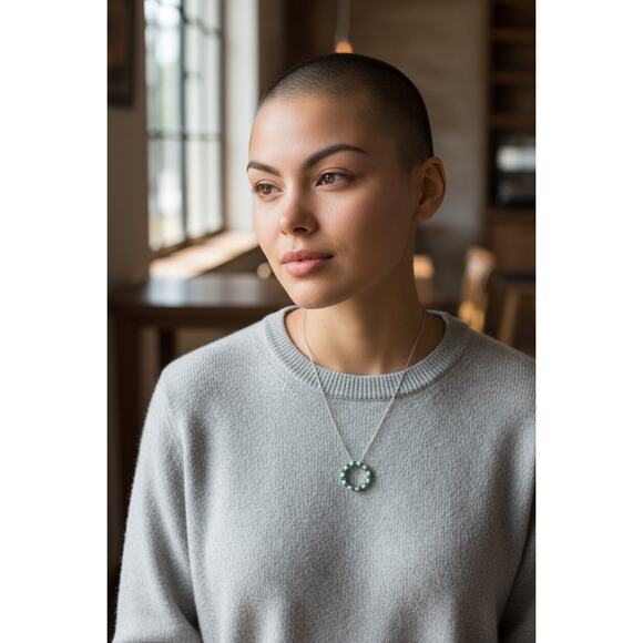 Created Opal And Emerald Circle Pendant Necklace 18 inches Sterling Silver - Picture 7 of 7